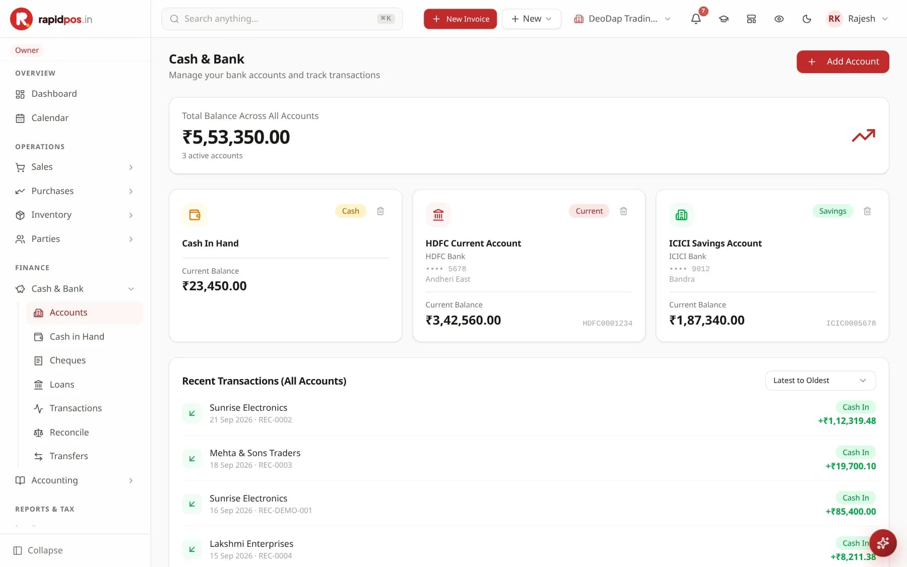 The Cash & Bank screen with a red banner showing Total Balance Across All Accounts, three account cards for Cash In Hand, an HDFC current account and an ICICI savings account, and a Recent Transactions list.
