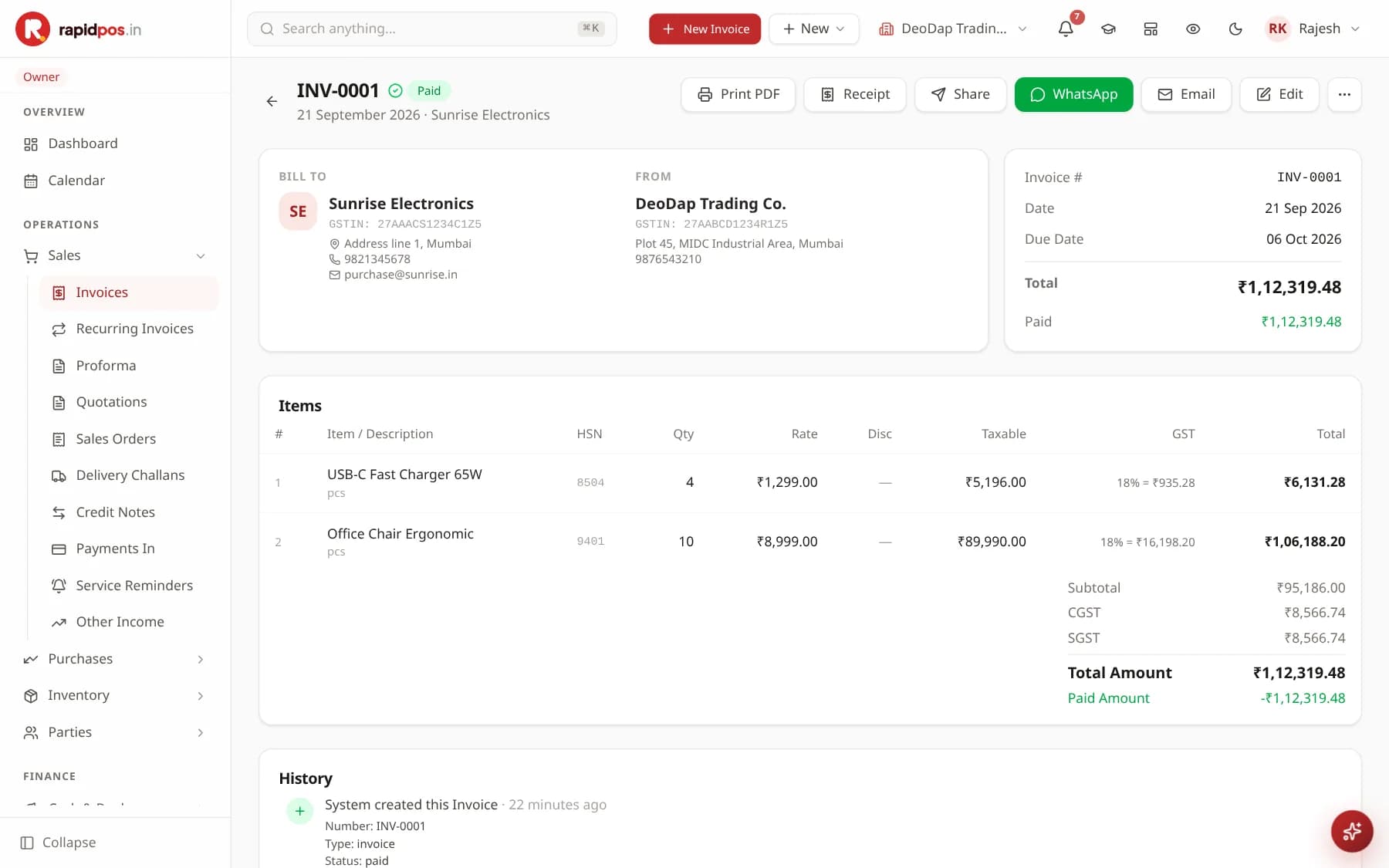 A saved invoice INV-0001 marked Paid, with Print PDF, Receipt, Share, WhatsApp, Email and Edit buttons across the top, billing details, an items table with HSN and GST columns, a totals block and a History timeline.