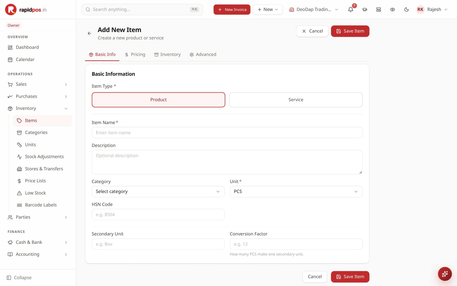 The Add New Item screen with Basic Info, Pricing, Inventory and Advanced tabs. The Basic Info tab shows a Product/Service switch, Item Name, Description, Category, Unit, HSN Code, Secondary Unit and Conversion Factor.