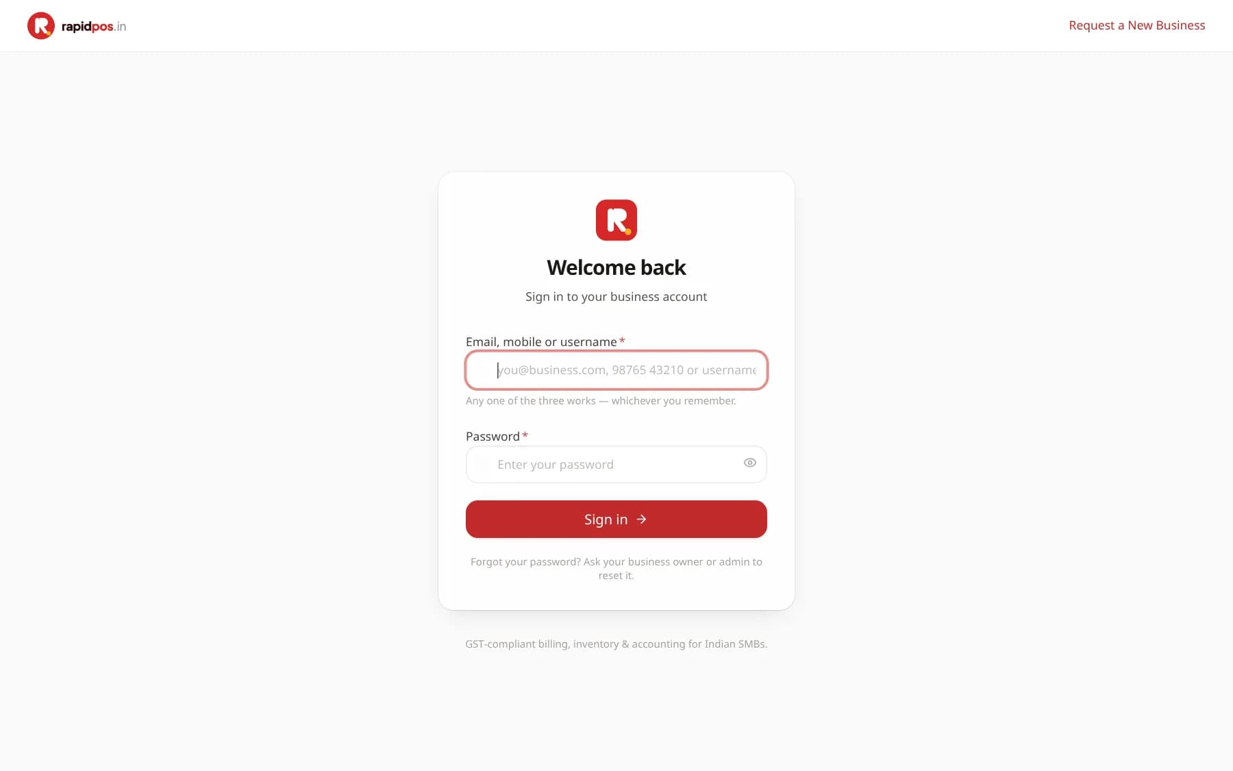 The RapidPOS sign-in screen: a red brand panel on the left, and a 'Welcome back' card on the right with Password and Mobile OTP tabs, a login field, a password field and a Sign in button.