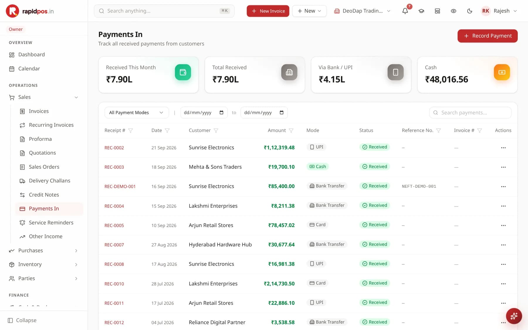 The Payments In screen with cards for Received This Month, Total Received, Via Bank/UPI and Cash, above a table of receipts showing date, customer, amount, payment mode and reference number.