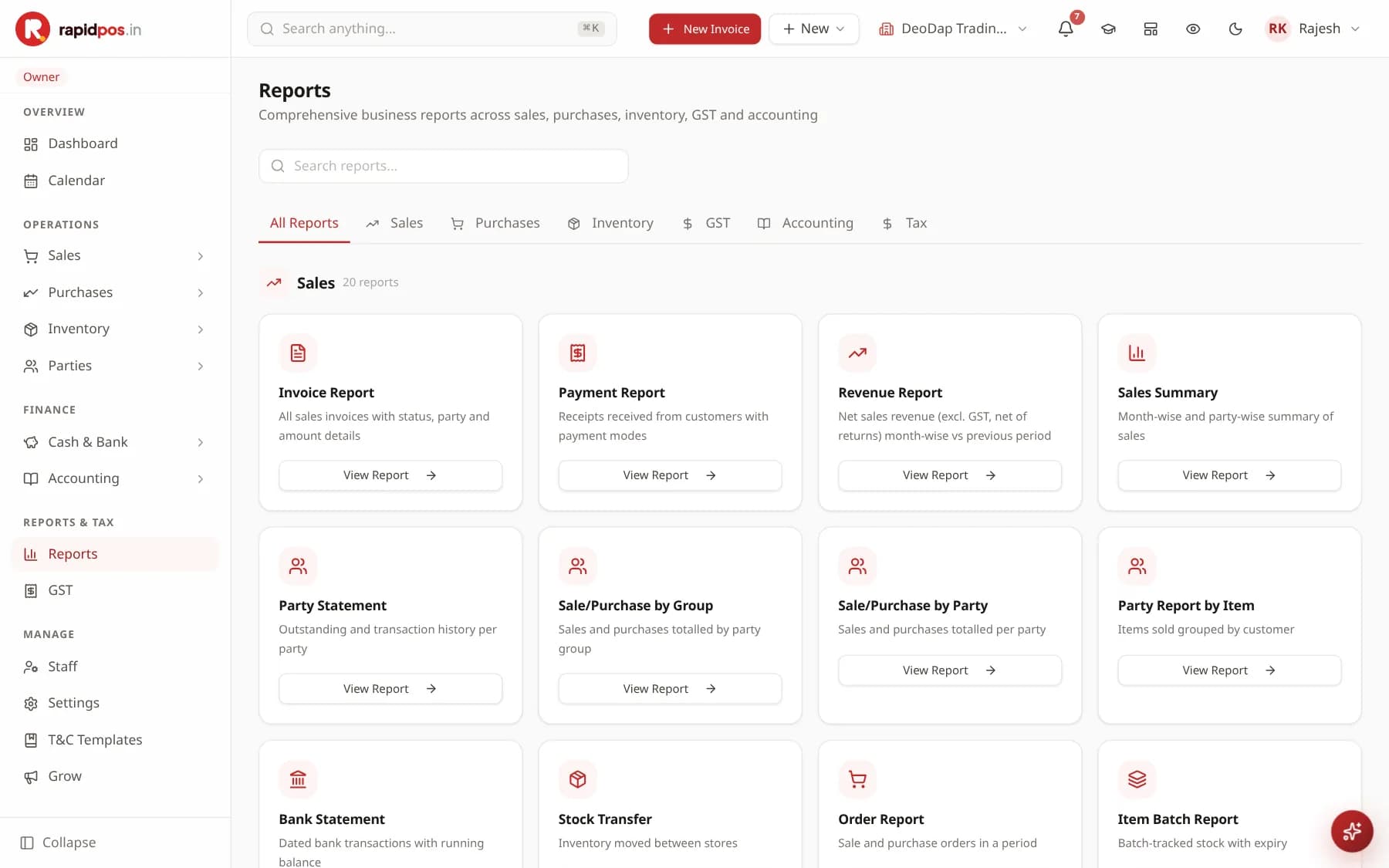 The Reports hub with tabs for All Reports, Sales, Purchases, Inventory, GST, Accounting and Tax, showing cards for Invoice Report, Payment Report, Revenue Report, Sales Summary, Party Statement and more, each with a View Report button.