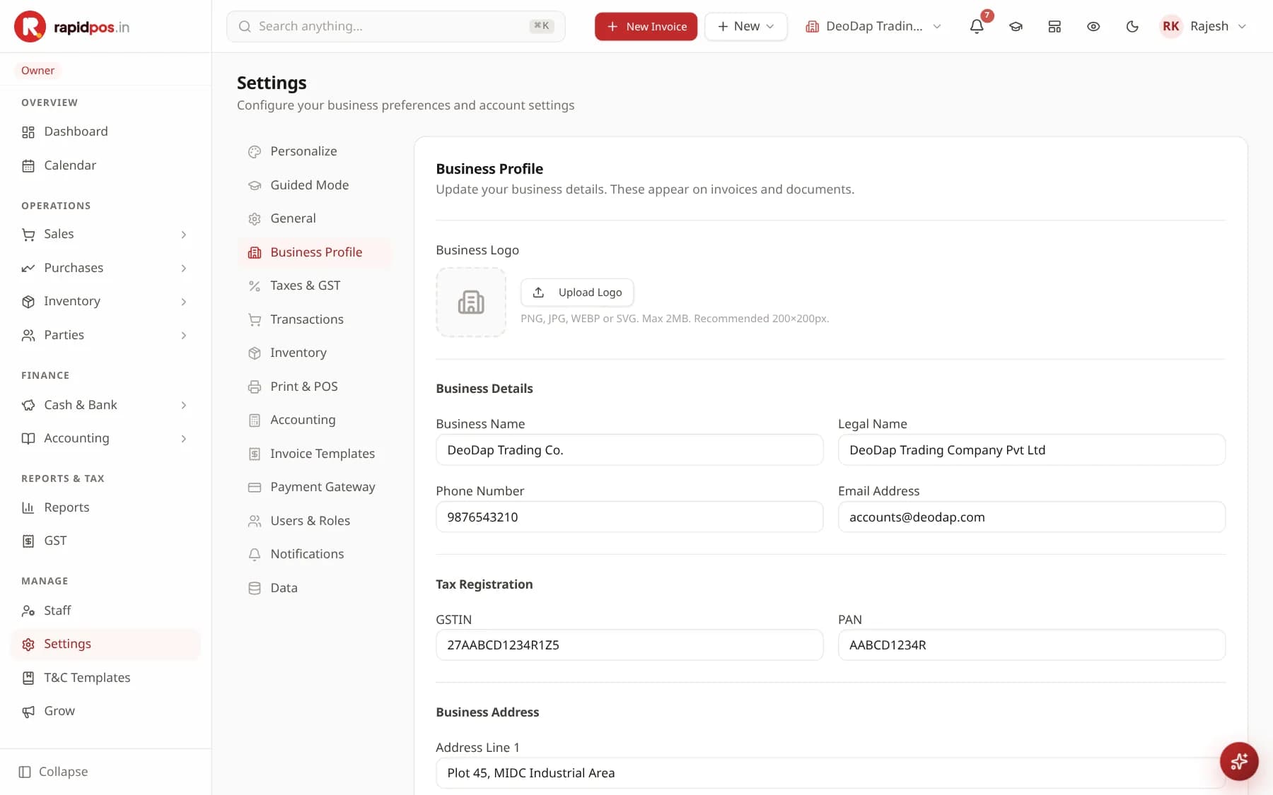 The Settings screen with a list of setting groups on the left (Personalize, General, Business Profile, Taxes & GST, Print & POS and more) and the Business Profile form on the right showing logo upload, business name, phone, email, GSTIN and PAN.
