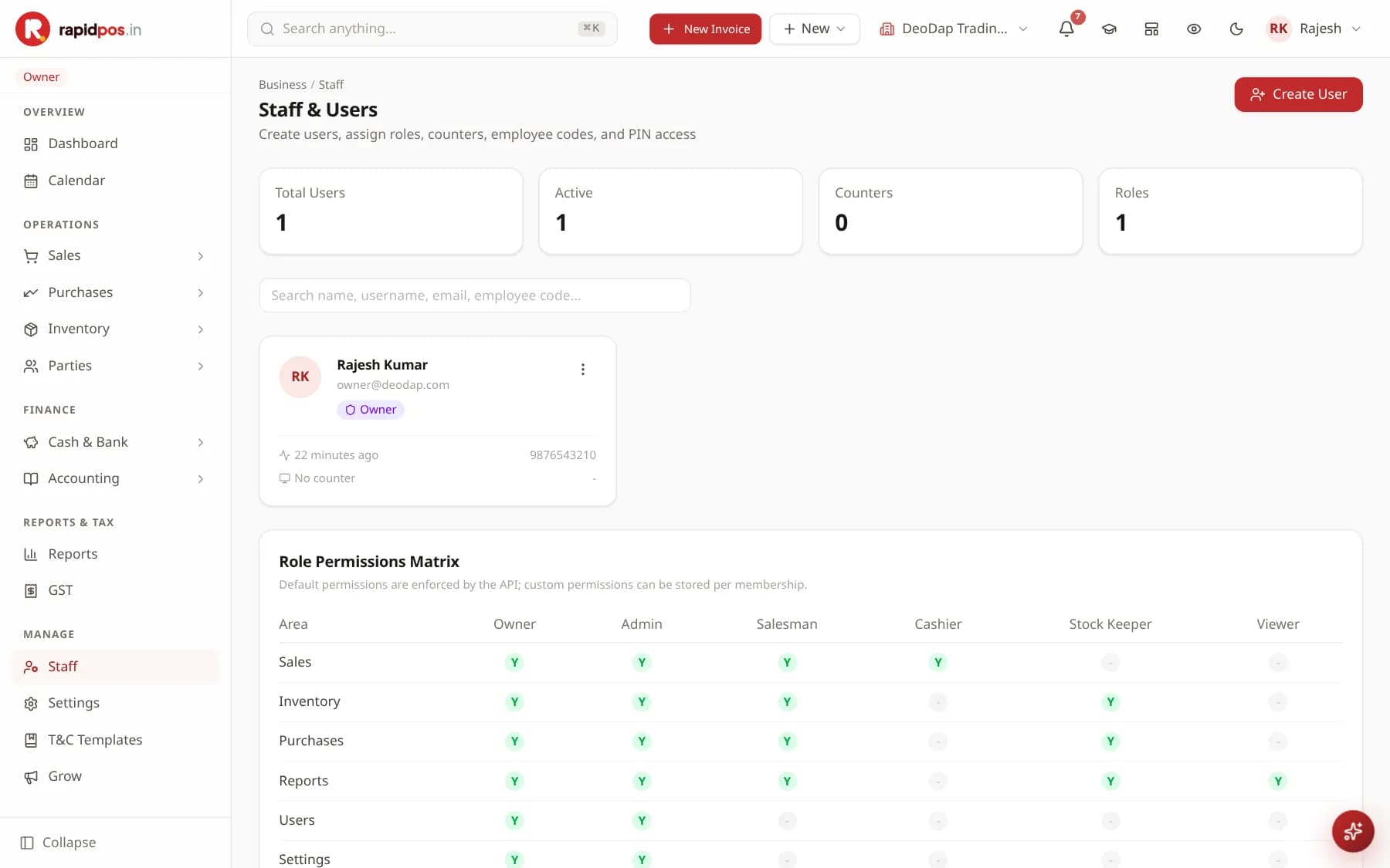 The Staff & Users screen with cards for Total Users, Active, Counters and Roles, a user card for the owner, and a Role Permissions Matrix table showing which areas Owner, Admin, Salesman, Cashier, Stock Keeper and Viewer can access.