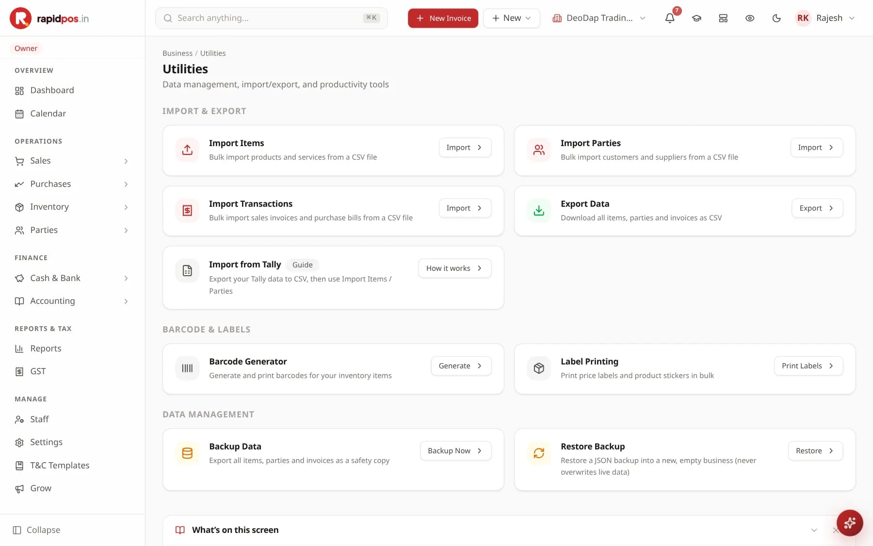 The Utilities screen grouped into Import & Export (Import Items, Import Parties, Import Transactions, Export Data, Import from Tally), Barcode & Labels (Barcode Generator, Label Printing) and Data Management (Backup Data, Restore Backup).