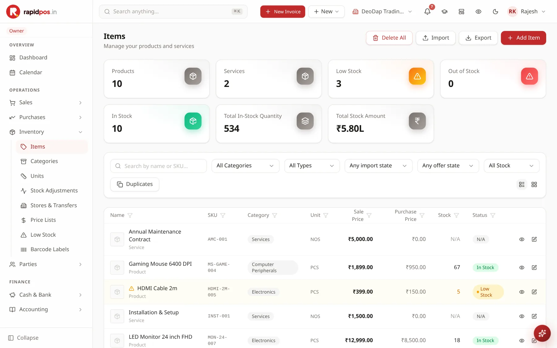 The RapidPOS items list: counts for products, services, low stock and total stock value above a table of items with SKU, category, sale price and live stock.