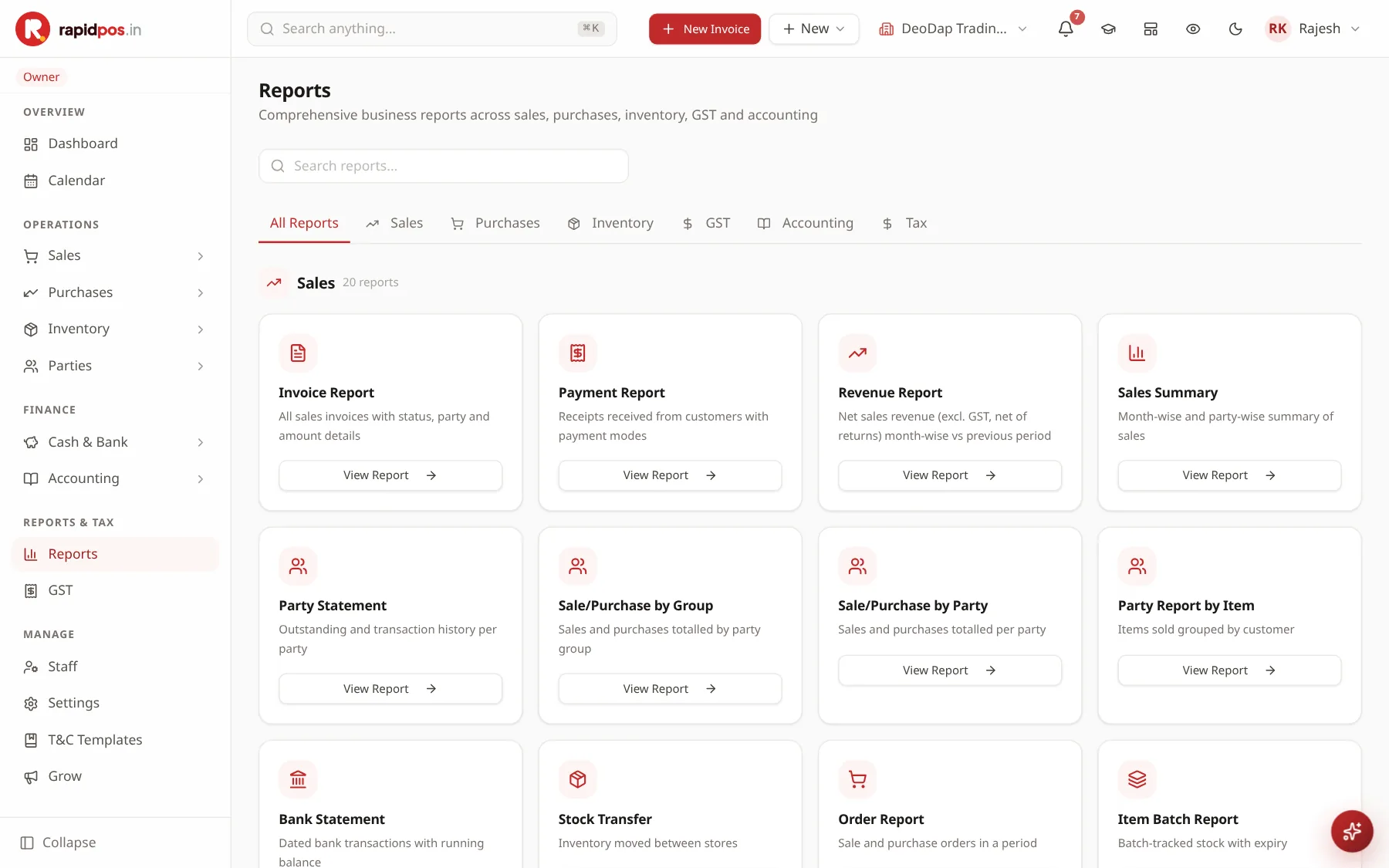 The RapidPOS reports hub: tabs for sales, purchases, inventory, GST, accounting and tax, over cards for invoice, payment, revenue and party-statement reports.